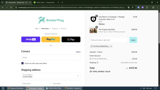 Stairslide checkout page showing Stairslide discount code box | Screenshot taken by SimplyCodes community member on Jul 15, 2025