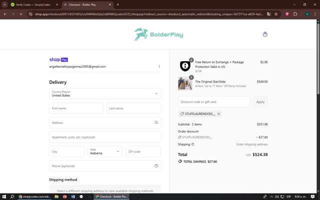 Stairslide checkout page showing Stairslide discount code box | Screenshot taken by SimplyCodes community member on Jul 15, 2025