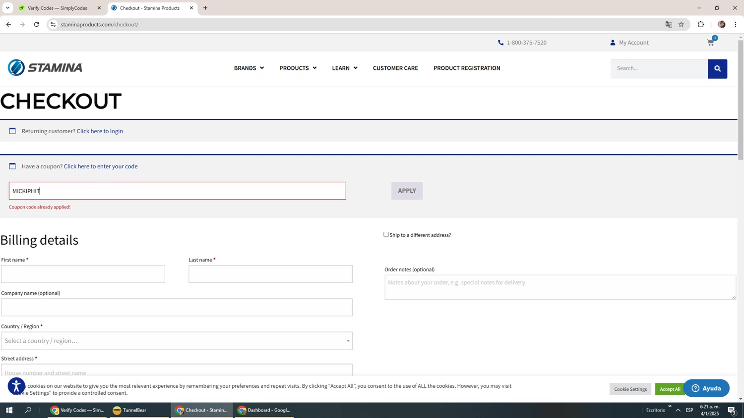 Stamina Products checkout page showing Stamina Products coupon code box | Screenshot taken by SimplyCodes community member on Jan 4, 2025