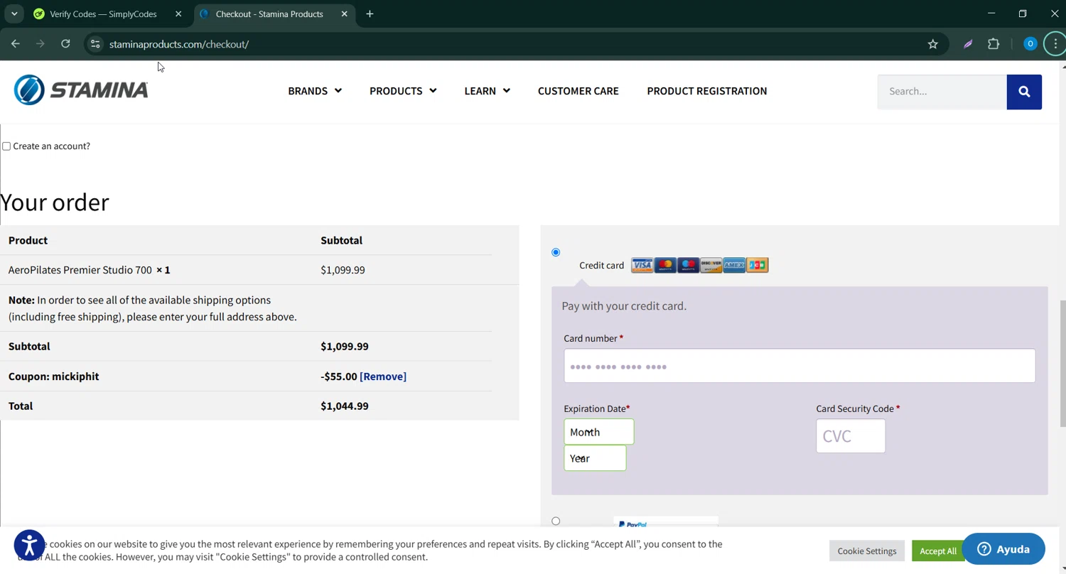Stamina Products coupon code screenshot showing code MICKIPHIT applied at Stamina Products checkout page. Uploaded by SimplyCodes community member _____________ on Mar 3, 2025