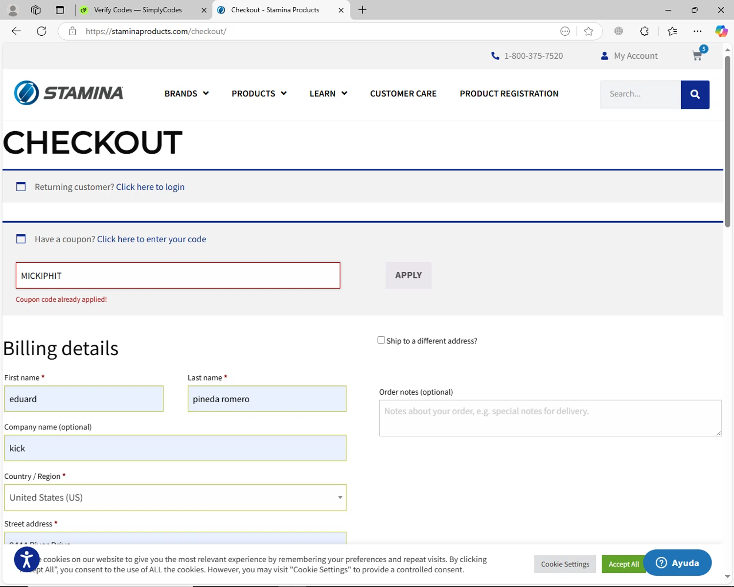 Stamina Products checkout page showing Stamina Products coupon code box | Screenshot taken by SimplyCodes community member on Jan 4, 2025