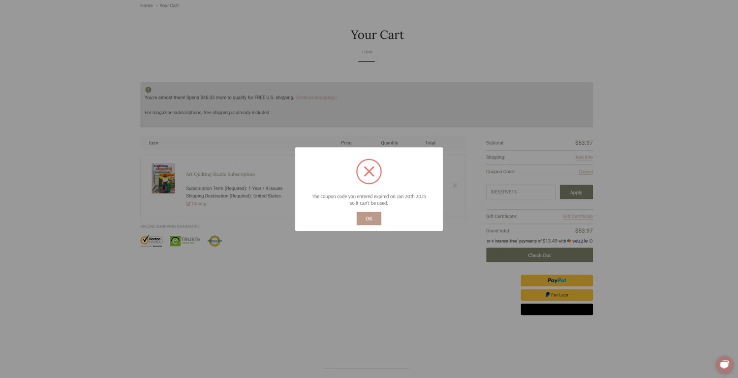 Stampington & Company coupon code screenshot showing code IDESERVE15 applied at Stampington & Company checkout page. Uploaded by SimplyCodes community member Tenmyoldy on Jan 26, 2025