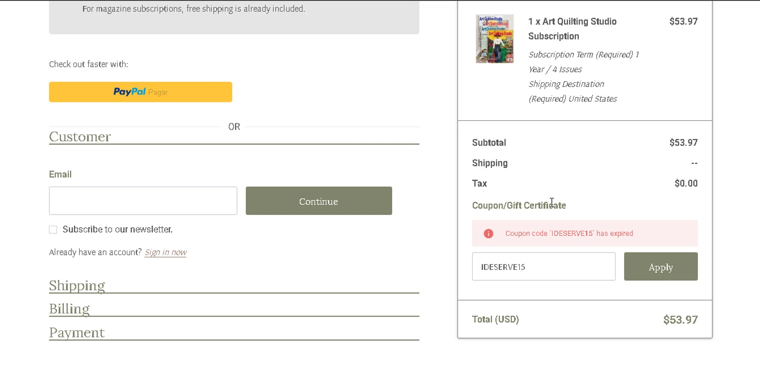 Stampington & Company coupon code screenshot showing code IDESERVE15 applied at Stampington & Company checkout page. Uploaded by SimplyCodes community member ShieldScout6572 on Jan 26, 2025