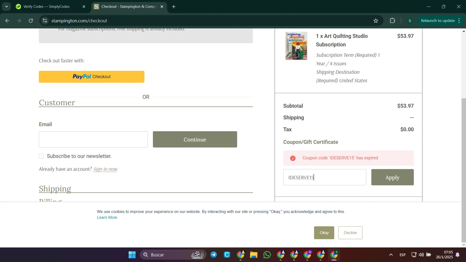 Stampington & Company coupon code screenshot showing code IDESERVE15 applied at Stampington & Company checkout page. Uploaded by SimplyCodes community member SaleHunter9008 on Jan 26, 2025