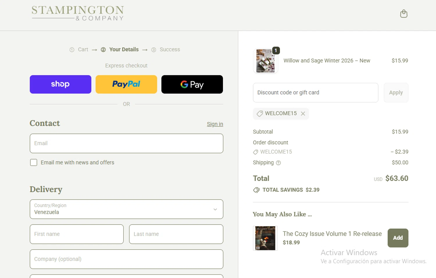 Stampington & Company coupon code screenshot showing code WELCOME15 applied at Stampington & Company checkout page. Uploaded by SimplyCodes community member Gary_23 on Oct 28, 2025