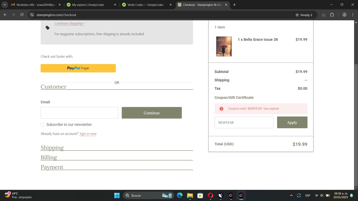 Stampington & Company coupon code screenshot showing code NEWYEAR applied at Stampington & Company checkout page. Uploaded by SimplyCodes community member TreasureNavigator332 on Jan 10, 2025