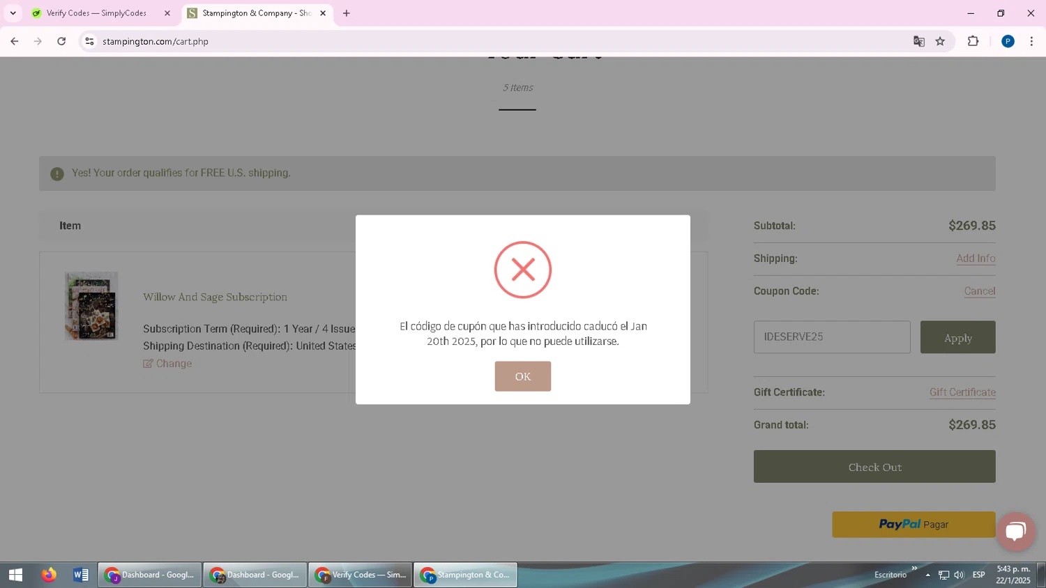 Stampington & Company coupon code screenshot showing code IDESERVE25 applied at Stampington & Company checkout page. Uploaded by SimplyCodes community member ScanPioneer7706 on Jan 22, 2025