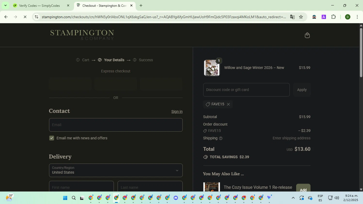 Stampington & Company coupon code screenshot showing code FAVE15 applied at Stampington & Company checkout page. Uploaded by SimplyCodes community member BargainGuardian5495 on Dec 2, 2025