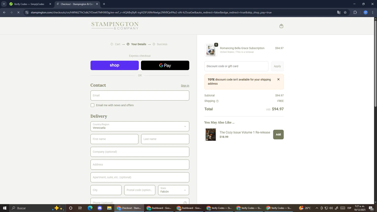 Stampington & Company checkout page showing Stampington & Company coupon code box | Screenshot taken by SimplyCodes community member on Dec 18, 2025
