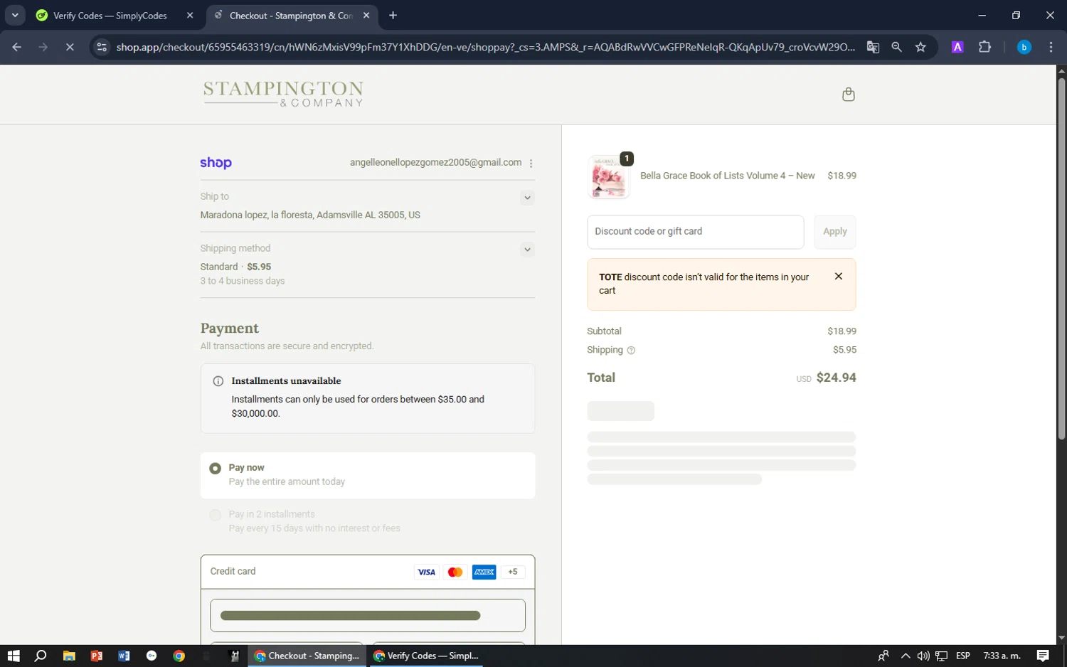 Stampington & Company checkout page showing Stampington & Company coupon code box | Screenshot taken by SimplyCodes community member on Dec 29, 2025