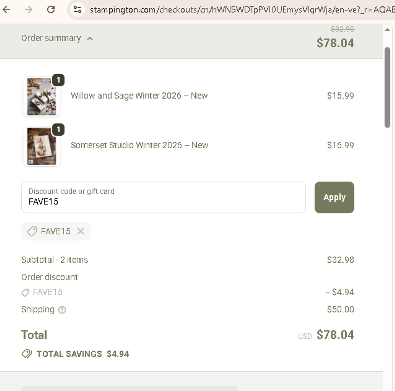 Stampington & Company coupon code screenshot showing code FAVE15 applied at Stampington & Company checkout page. Uploaded by SimplyCodes community member AMANDA2681 on Nov 20, 2025