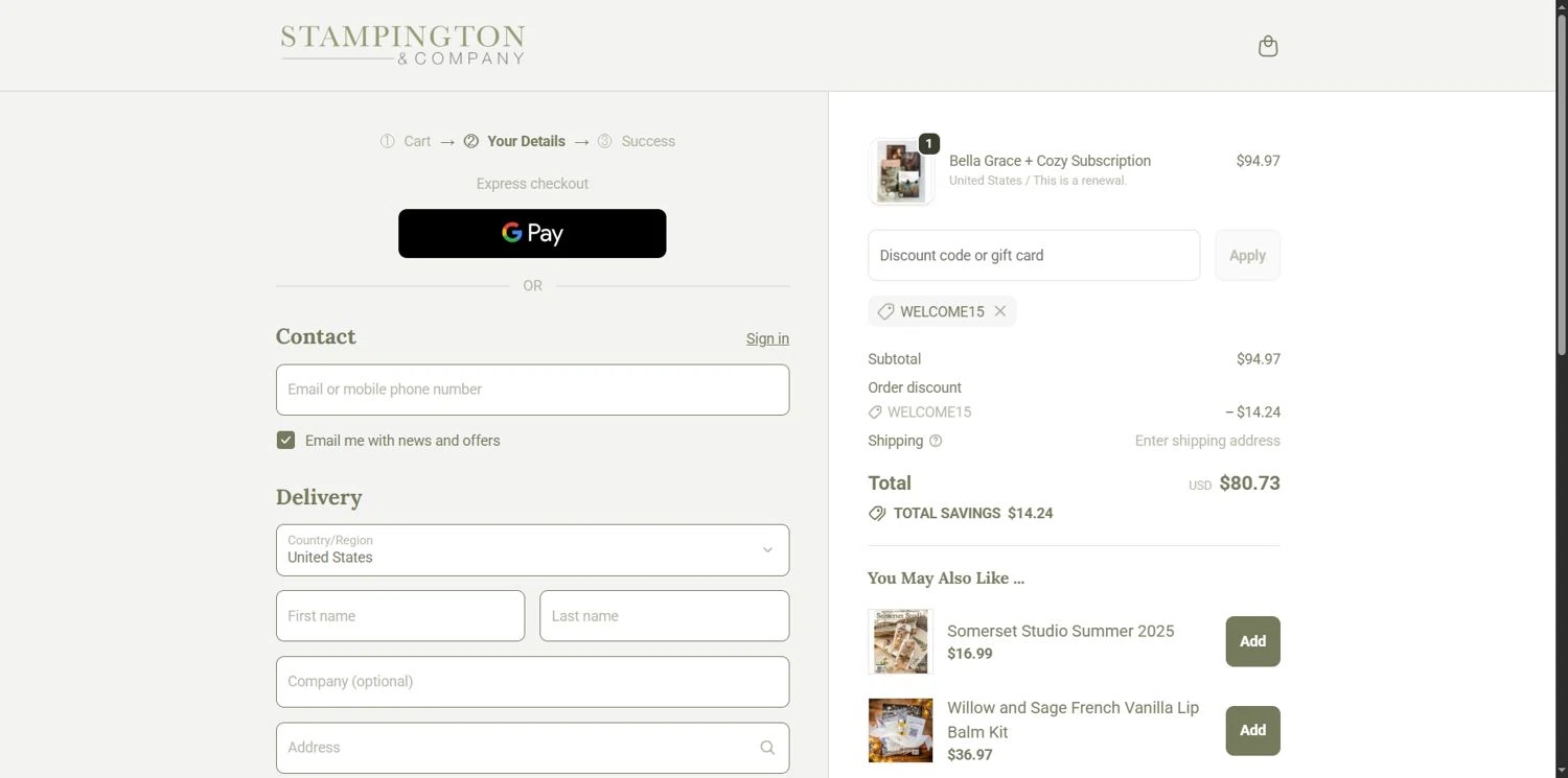 Stampington & Company coupon code screenshot showing code WELCOME15 applied at Stampington & Company checkout page. Uploaded by SimplyCodes community member Depressive on Oct 7, 2025