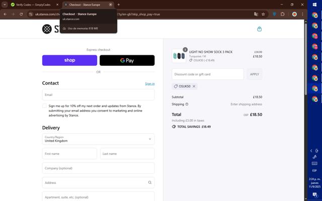 Stance Europe checkout page showing Stance Europe discount code box | Screenshot taken by SimplyCodes community member on Sep 11, 2025