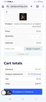 WELCOME10 coupon verification screenshot