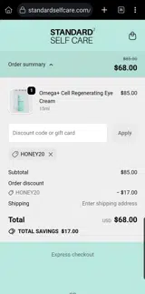 Honey20 coupon verification screenshot