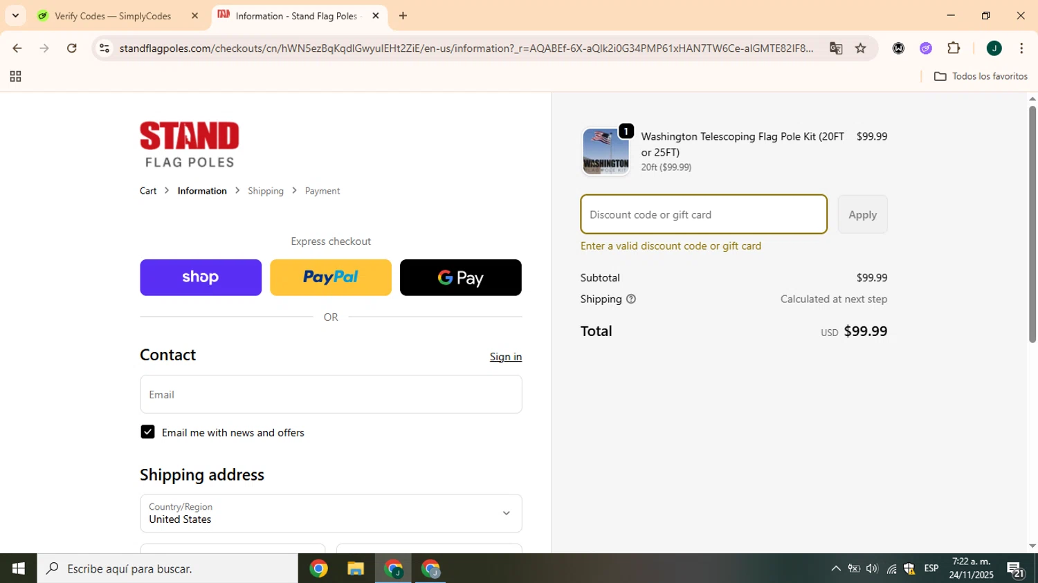 STAND Flag Poles promo code screenshot showing code BFCM25RV applied at STAND Flag Poles checkout page. Uploaded by SimplyCodes community member CrownOwl1879 on Nov 24, 2025
