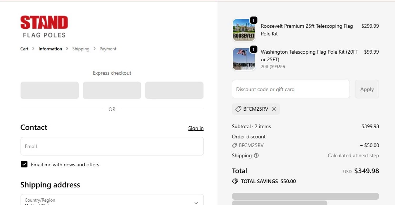 STAND Flag Poles promo code screenshot showing code BFCM25RV applied at STAND Flag Poles checkout page. Uploaded by SimplyCodes community member MoneyFalcon5538 on Nov 14, 2025