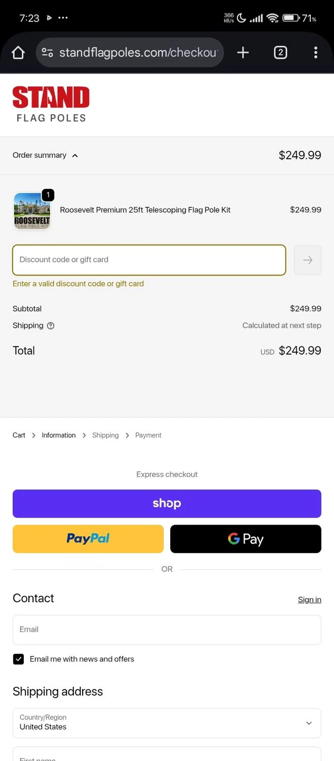 STAND Flag Poles promo code screenshot showing code BFCM25RV applied at STAND Flag Poles checkout page. Uploaded by SimplyCodes community member chinito on Nov 24, 2025