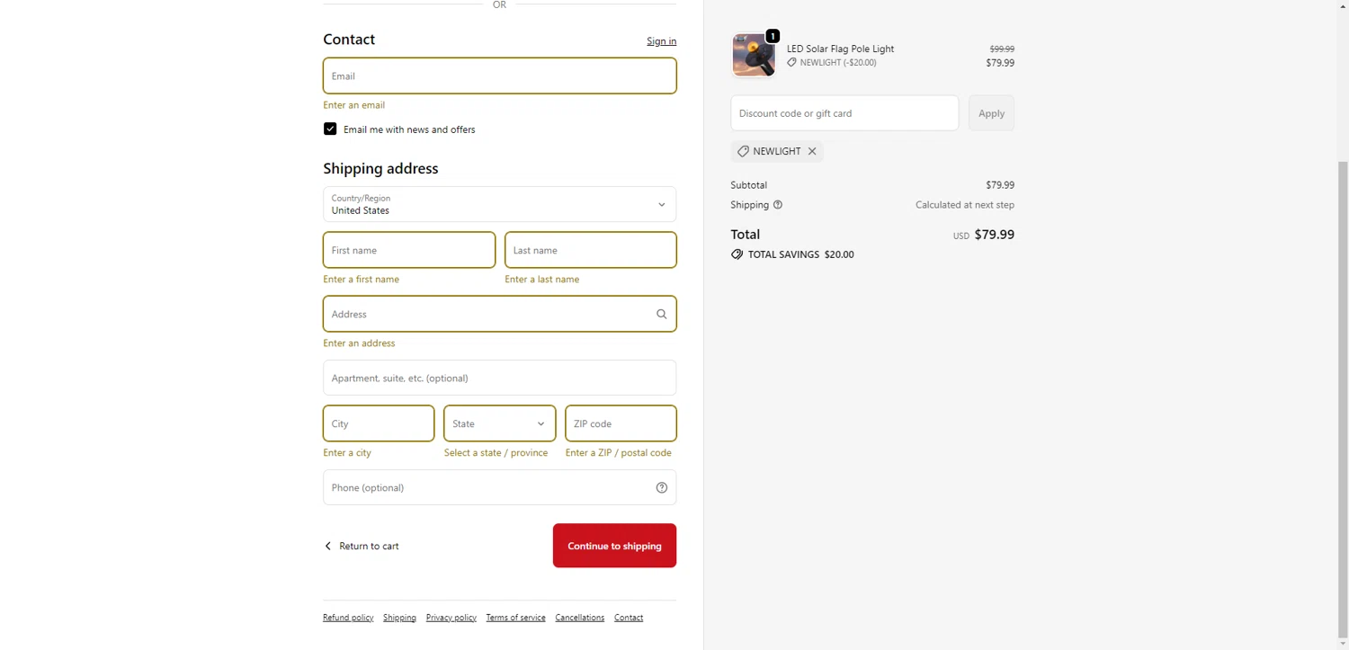 STAND Flag Poles checkout page showing STAND Flag Poles promo code box | Screenshot taken by SimplyCodes community member on Jan 8, 2026