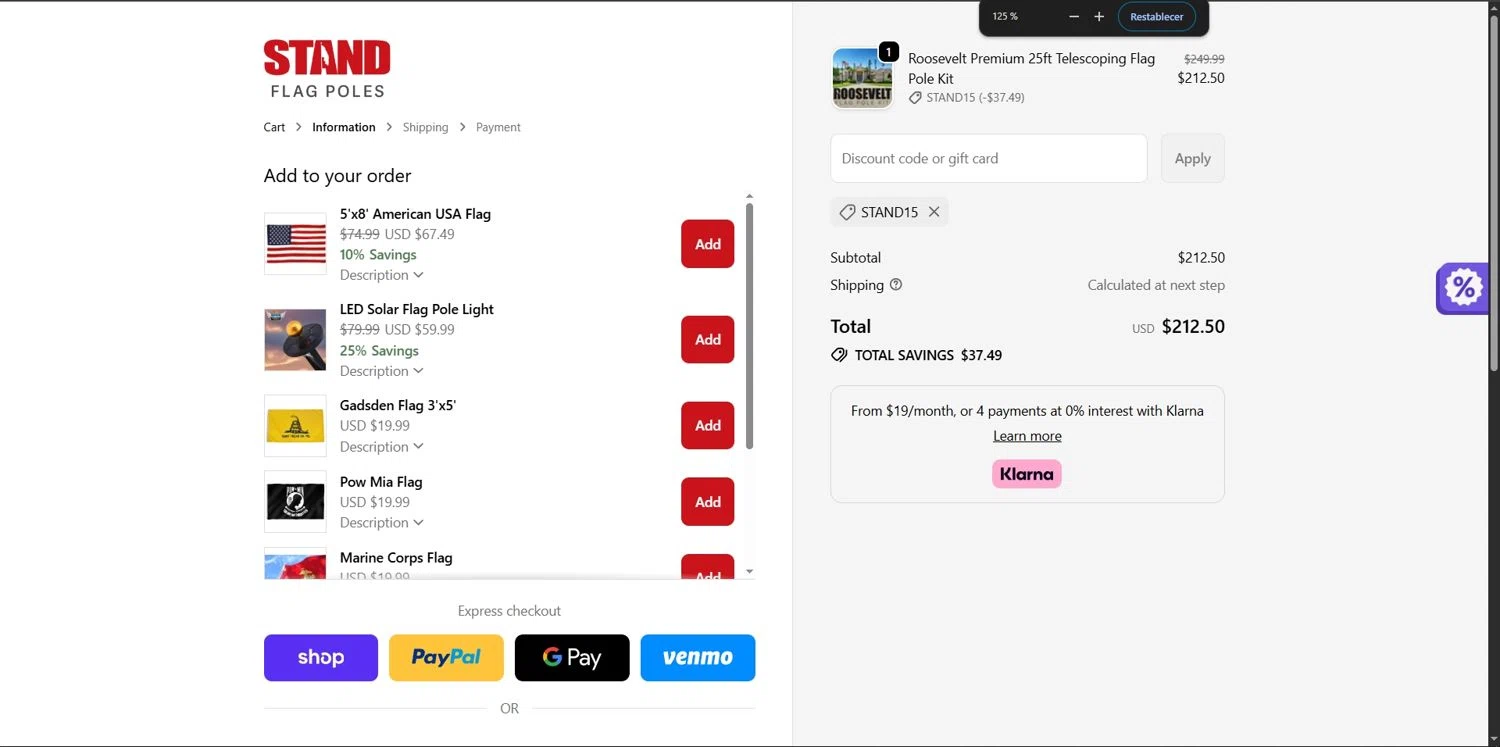 STAND Flag Poles promo code screenshot showing code STAND15 applied at STAND Flag Poles checkout page. Uploaded by SimplyCodes community member Depressive on Dec 3, 2025