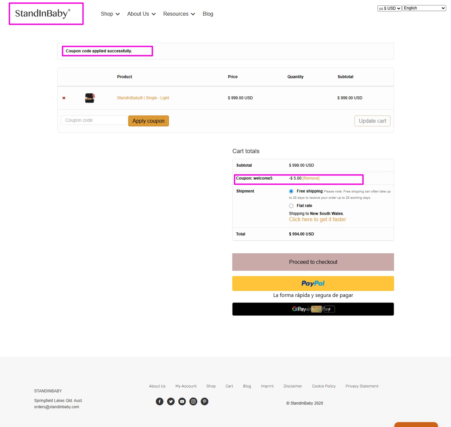 StandInBaby promo code screenshot showing code WELCOME5 applied at StandInBaby checkout page. Uploaded by SimplyCodes community member mrdarcy on Apr 10, 2026