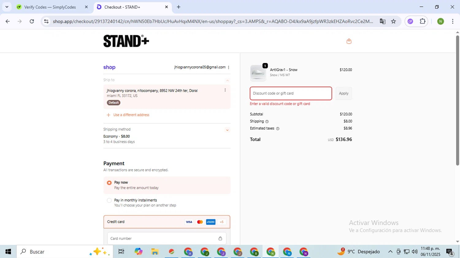 STAND+ discount code screenshot showing code CS-GIFT-ANKAROCA applied at STAND+ checkout page. Uploaded by SimplyCodes community member TokenMaverick6956 on Nov 7, 2025