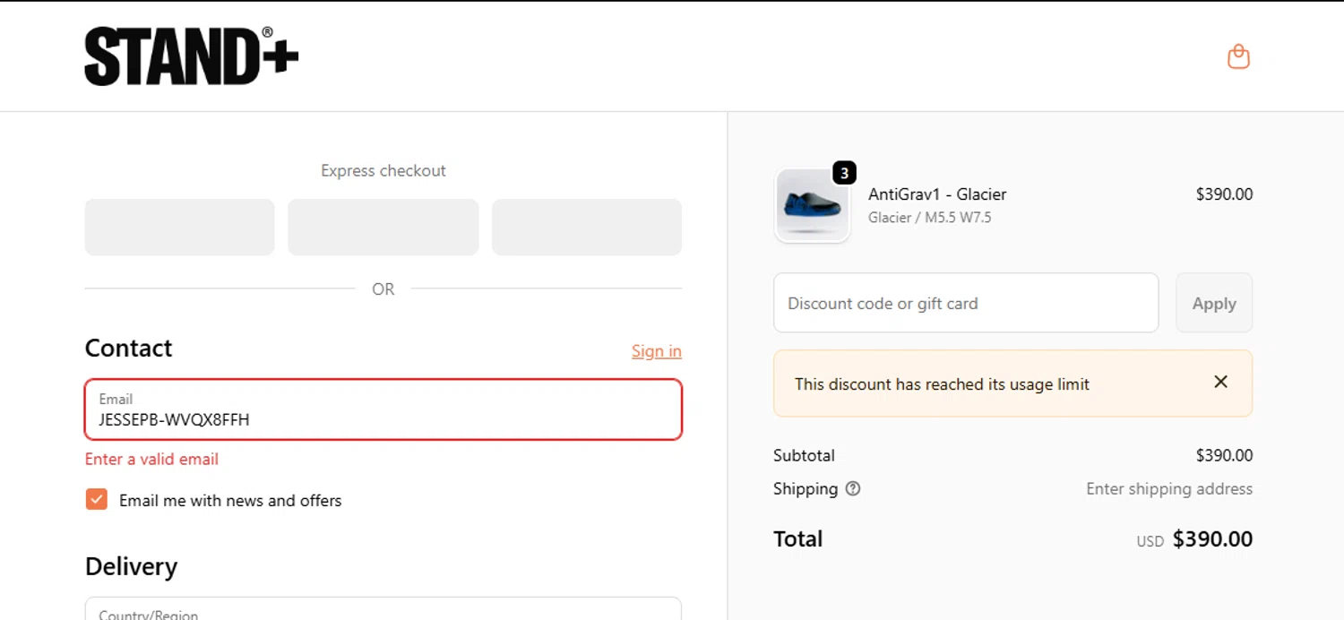 STAND+ discount code screenshot showing code JESSEPB-WVQX8FFH applied at STAND+ checkout page. Uploaded by SimplyCodes community member Handivlak on Feb 5, 2026