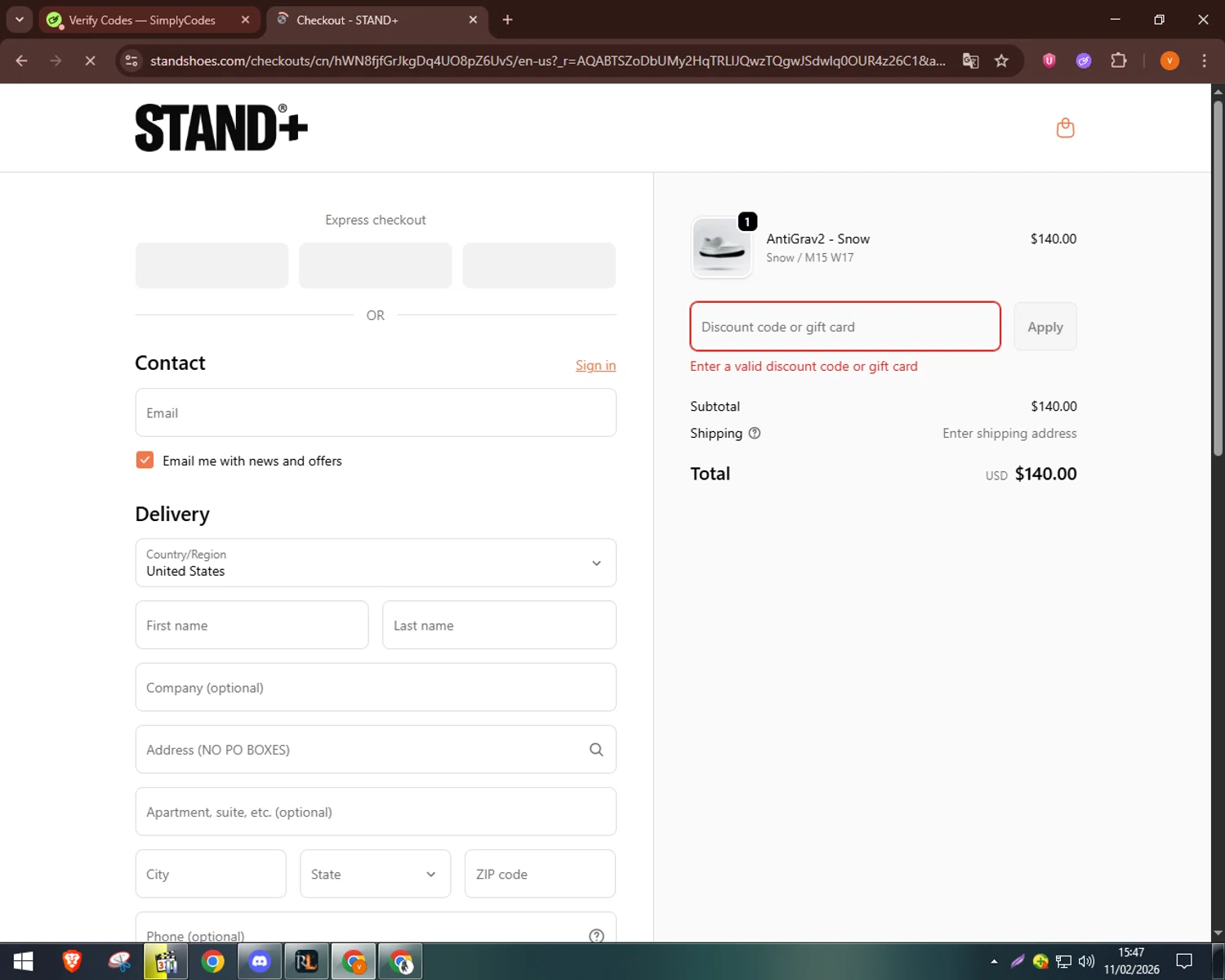 STAND+ discount code screenshot showing code Lifewithmads-vmj7pvdc applied at STAND+ checkout page. Uploaded by SimplyCodes community member bulbasaur69 on Feb 11, 2026