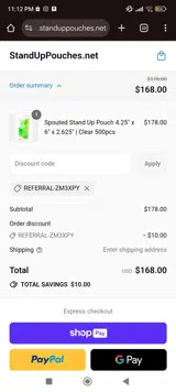 StandUpPouches coupon verification screenshot