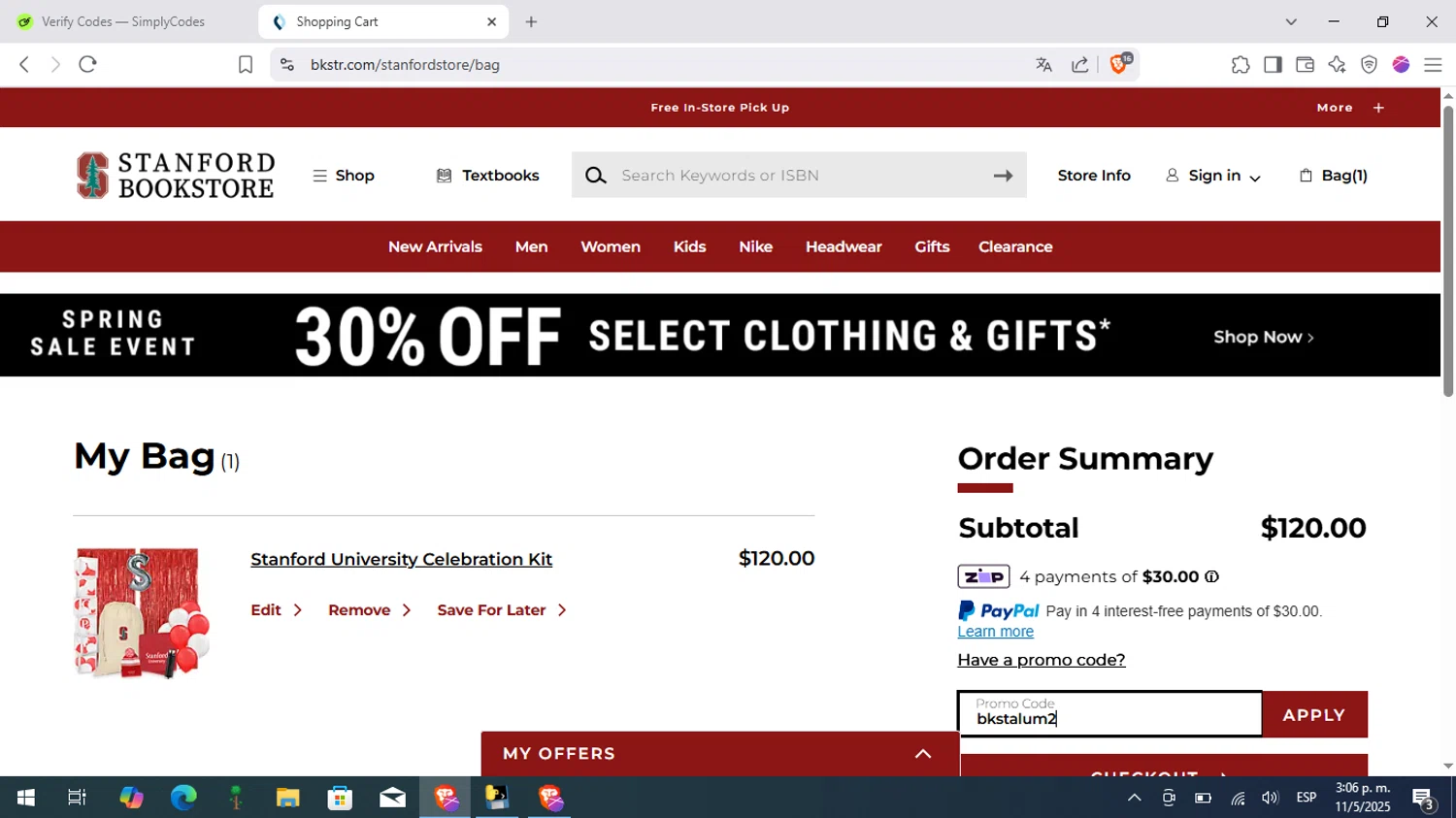 Stanford Bookstore coupon code screenshot showing code bkstalum applied at Stanford Bookstore checkout page. Uploaded by SimplyCodes community member Pitochu on May 11, 2025
