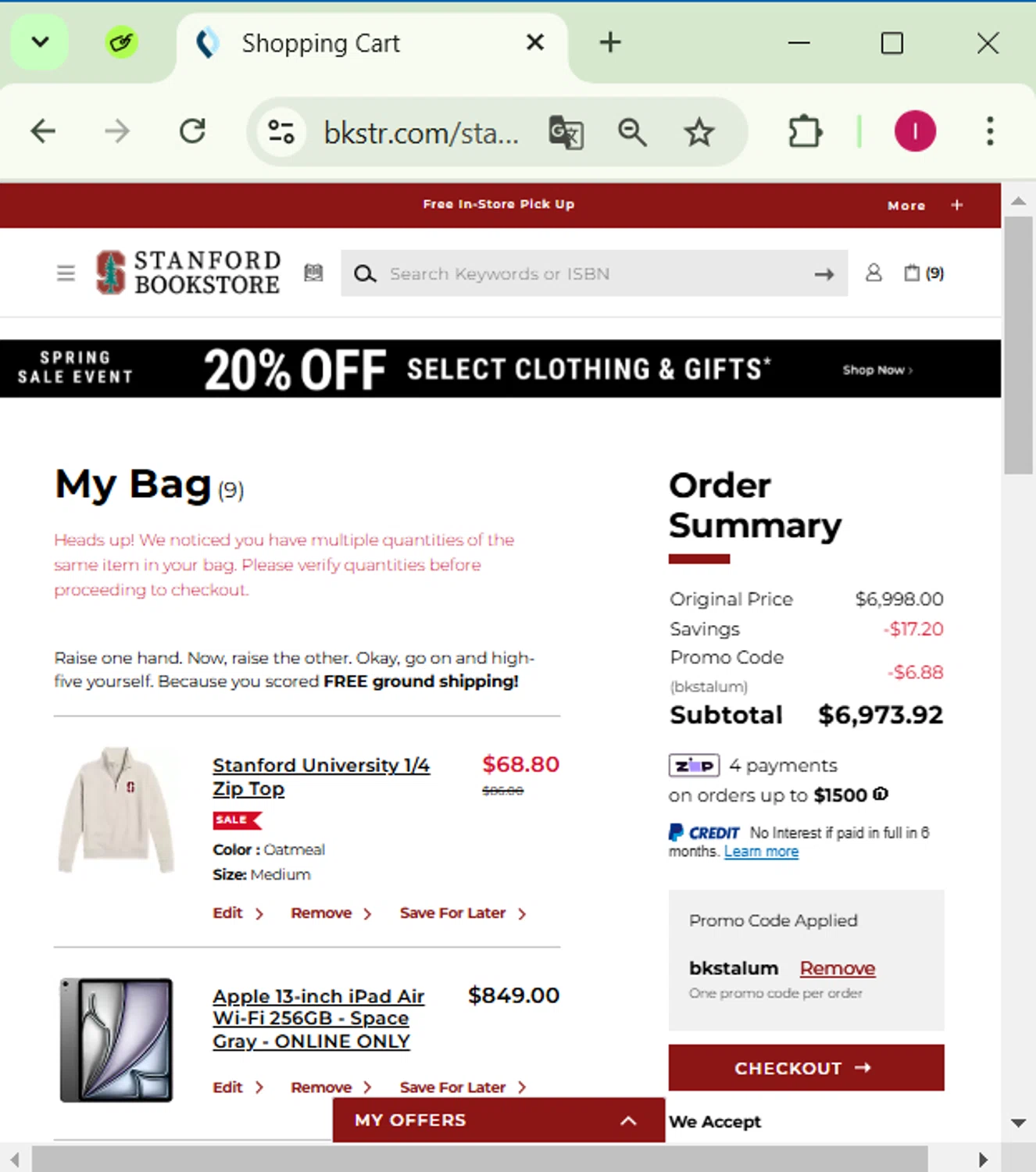 Stanford Bookstore coupon code screenshot showing code bkstalum applied at Stanford Bookstore checkout page. Uploaded by SimplyCodes community member SavingsPhoenix2740 on Apr 5, 2025