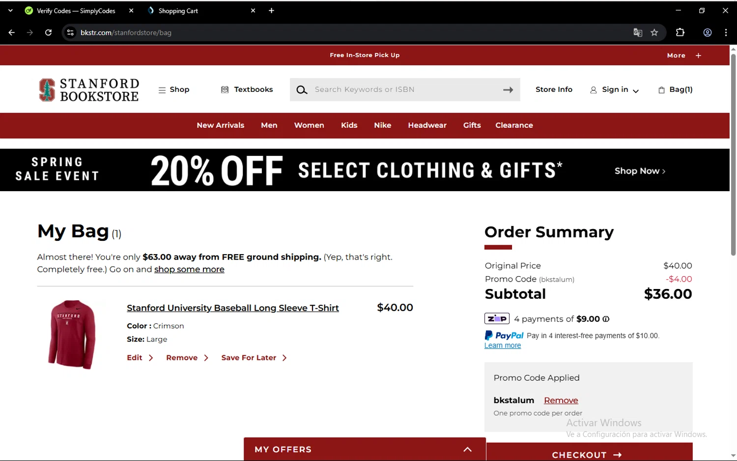 Stanford Bookstore coupon code screenshot showing code bkstalum applied at Stanford Bookstore checkout page. Uploaded by SimplyCodes community member feliutorres on Mar 26, 2025