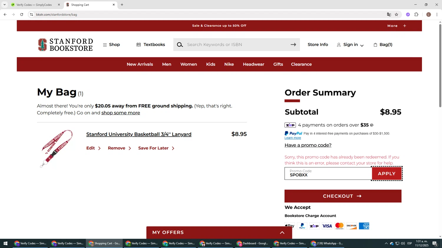 Stanford Bookstore checkout page showing Stanford Bookstore coupon code box | Screenshot taken by SimplyCodes community member on Dec 11, 2025