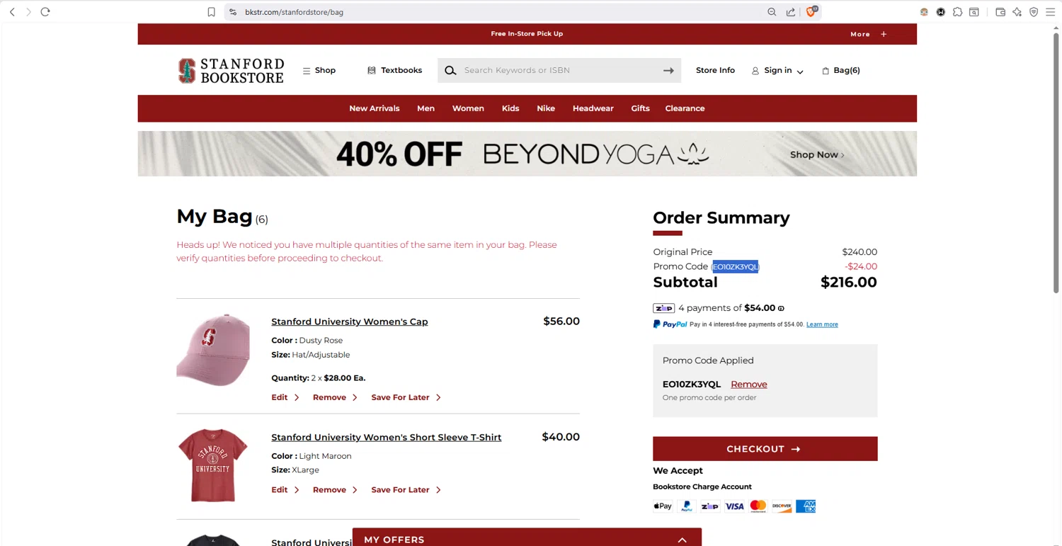 Stanford Bookstore checkout page showing Stanford Bookstore coupon code box | Screenshot taken by SimplyCodes community member on Jan 2, 2026