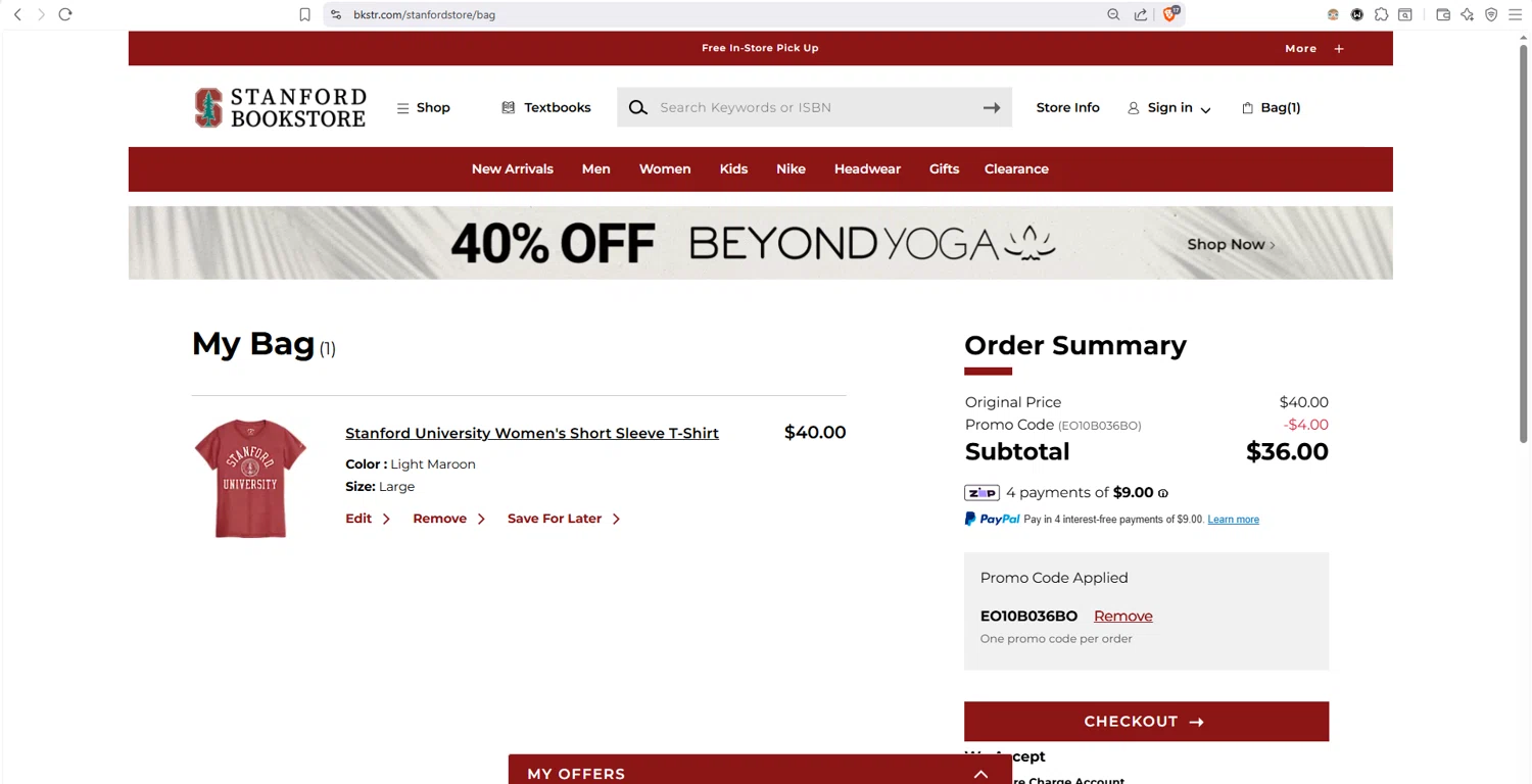 Stanford Bookstore checkout page showing Stanford Bookstore coupon code box | Screenshot taken by SimplyCodes community member on Jan 2, 2026
