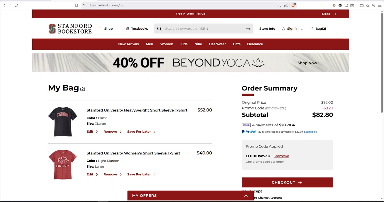 Stanford Bookstore checkout page showing Stanford Bookstore coupon code box | Screenshot taken by SimplyCodes community member on Jan 2, 2026
