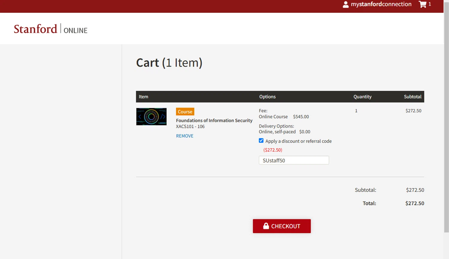 Stanford Online checkout page showing Stanford Online discount code box | Screenshot taken by SimplyCodes community member on Nov 9, 2024