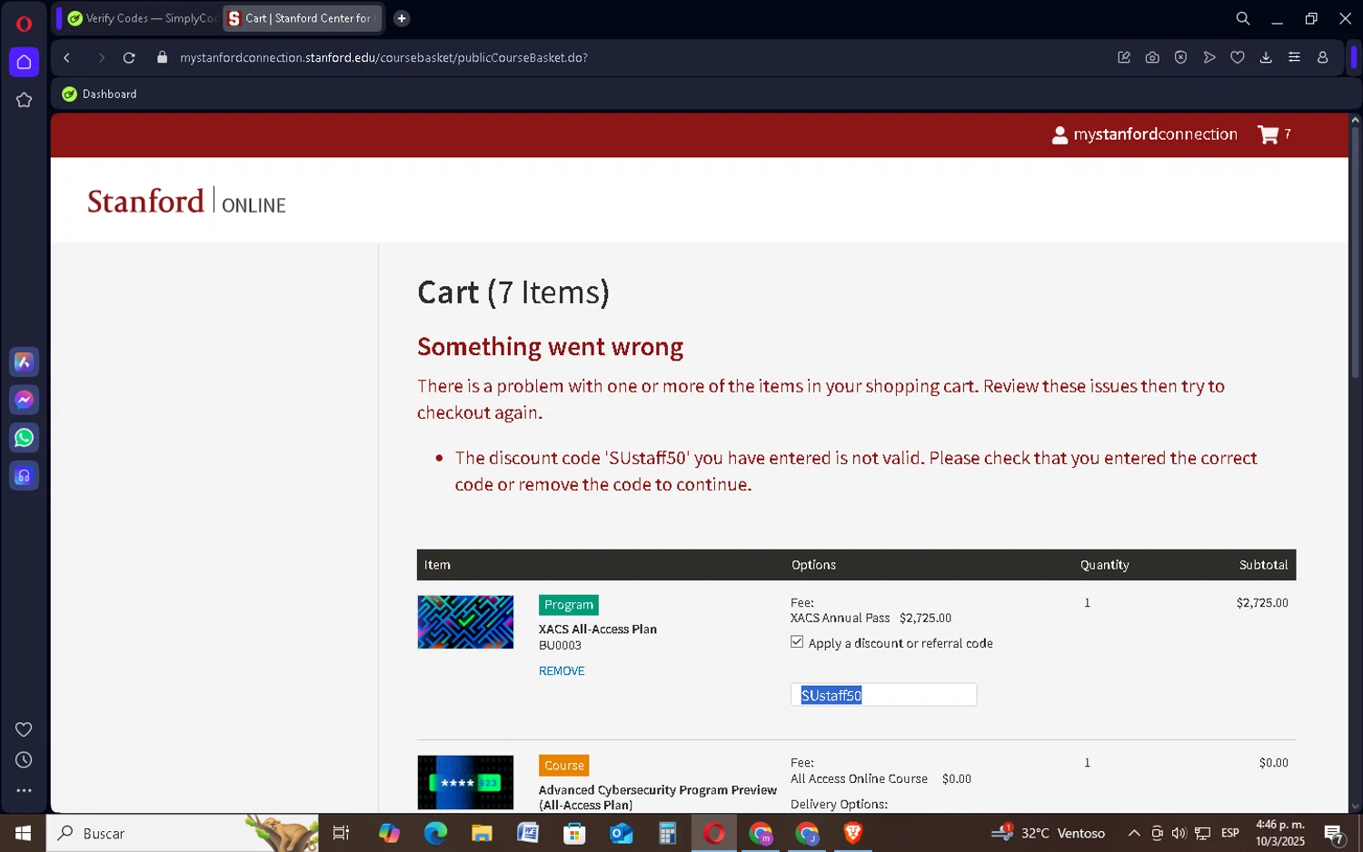 Stanford Online discount code screenshot showing code SUstaff50 applied at Stanford Online checkout page. Uploaded by SimplyCodes community member SavingsSentinel833 on Mar 10, 2025