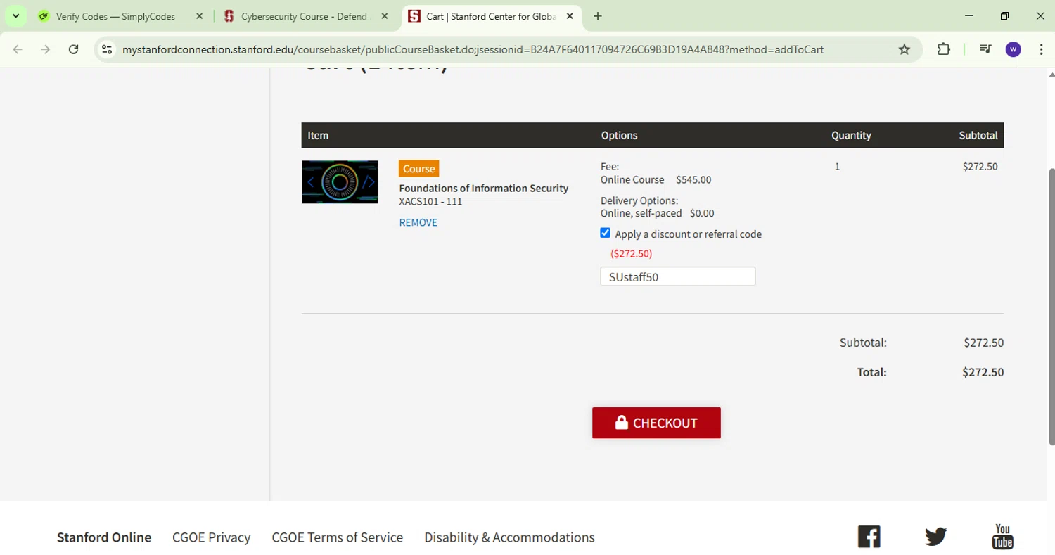 Stanford Online discount code screenshot showing code SUstaff50 applied at Stanford Online checkout page. Uploaded by SimplyCodes community member ValiantRanger5812 on Mar 10, 2025