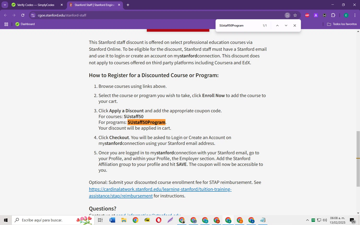 Stanford Online checkout page showing Stanford Online discount code box | Screenshot taken by SimplyCodes community member on Feb 13, 2025