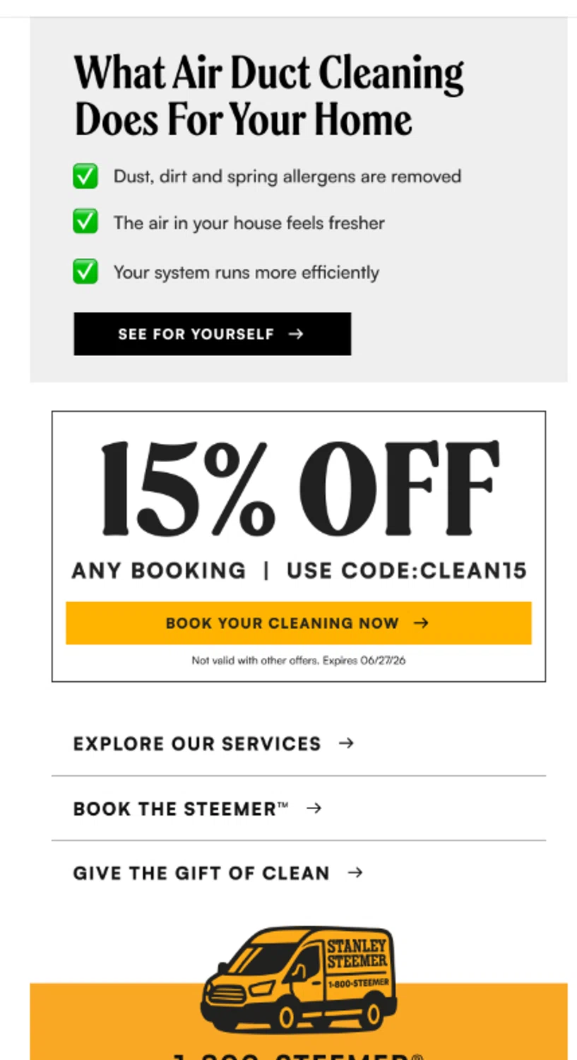 Stanley Steemer promo code screenshot showing code CLEAN15 applied at Stanley Steemer checkout page. Uploaded by SimplyCodes community member valeriaantonieta on May 12, 2026