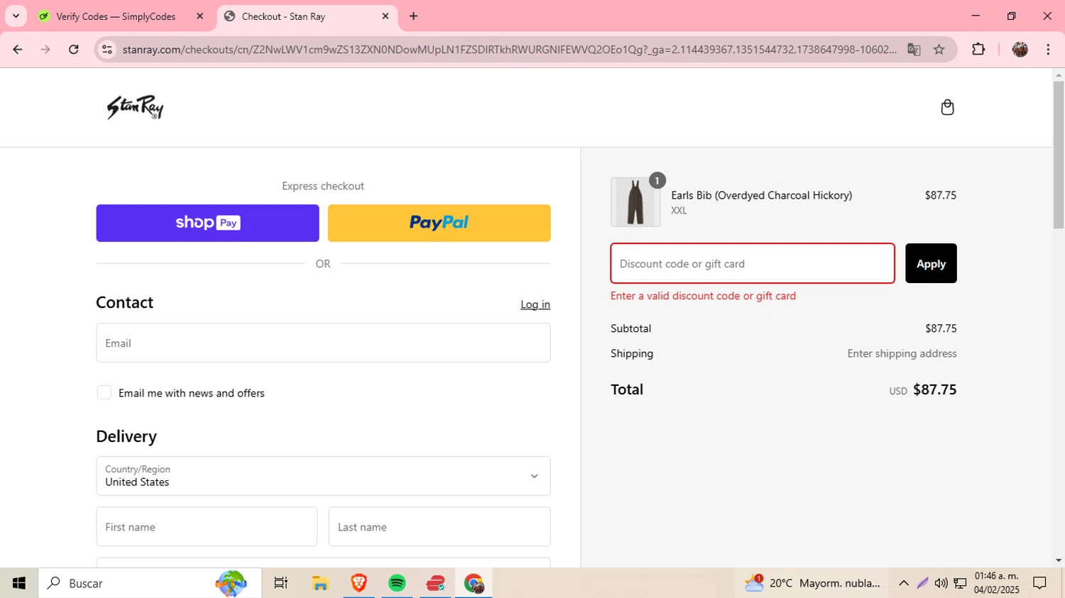 Stan Ray discount code screenshot showing code EXTRA10 applied at Stan Ray checkout page. Uploaded by SimplyCodes community member BargainExpert9390 on Feb 4, 2025