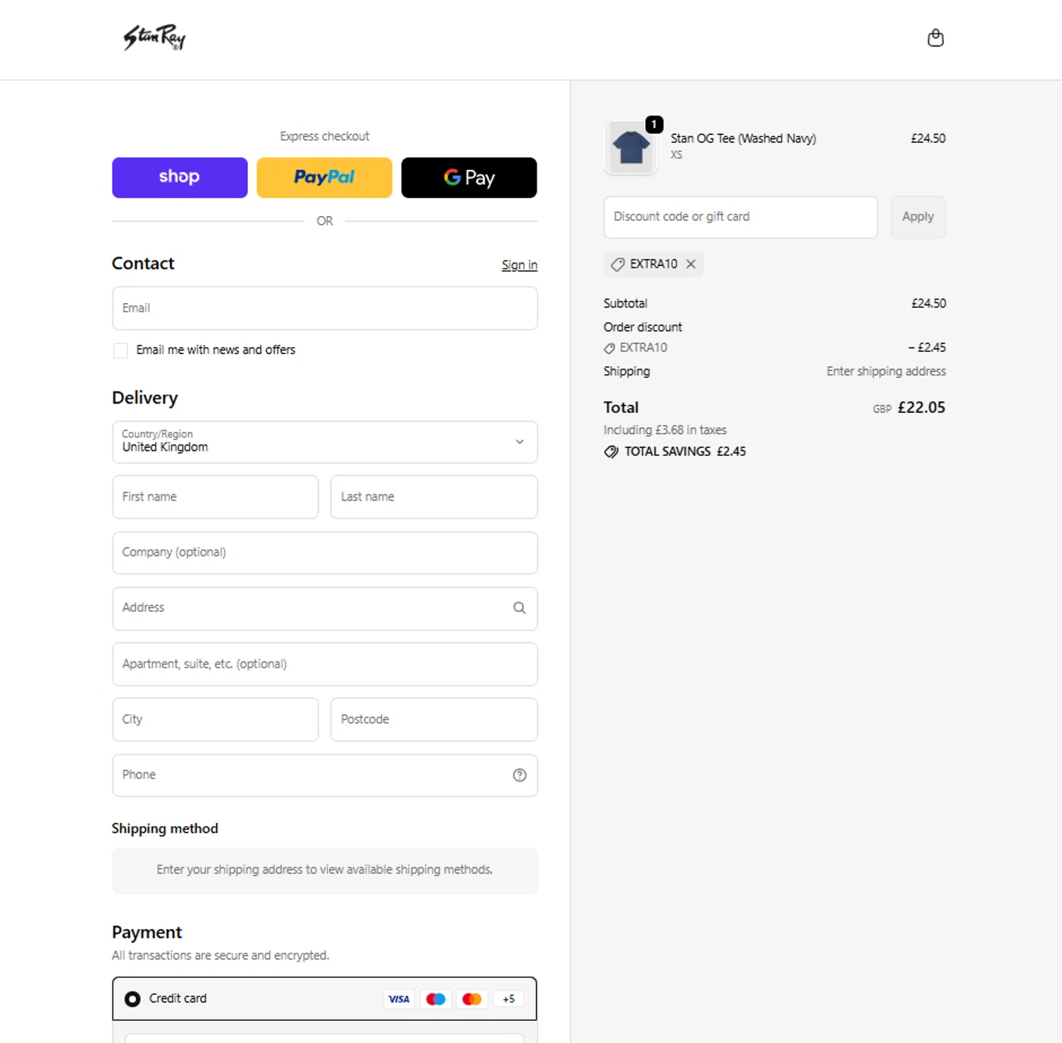 Stan Ray discount code screenshot showing code EXTRA10 applied at Stan Ray checkout page. Uploaded by SimplyCodes community member reggiesmith on Jan 9, 2026