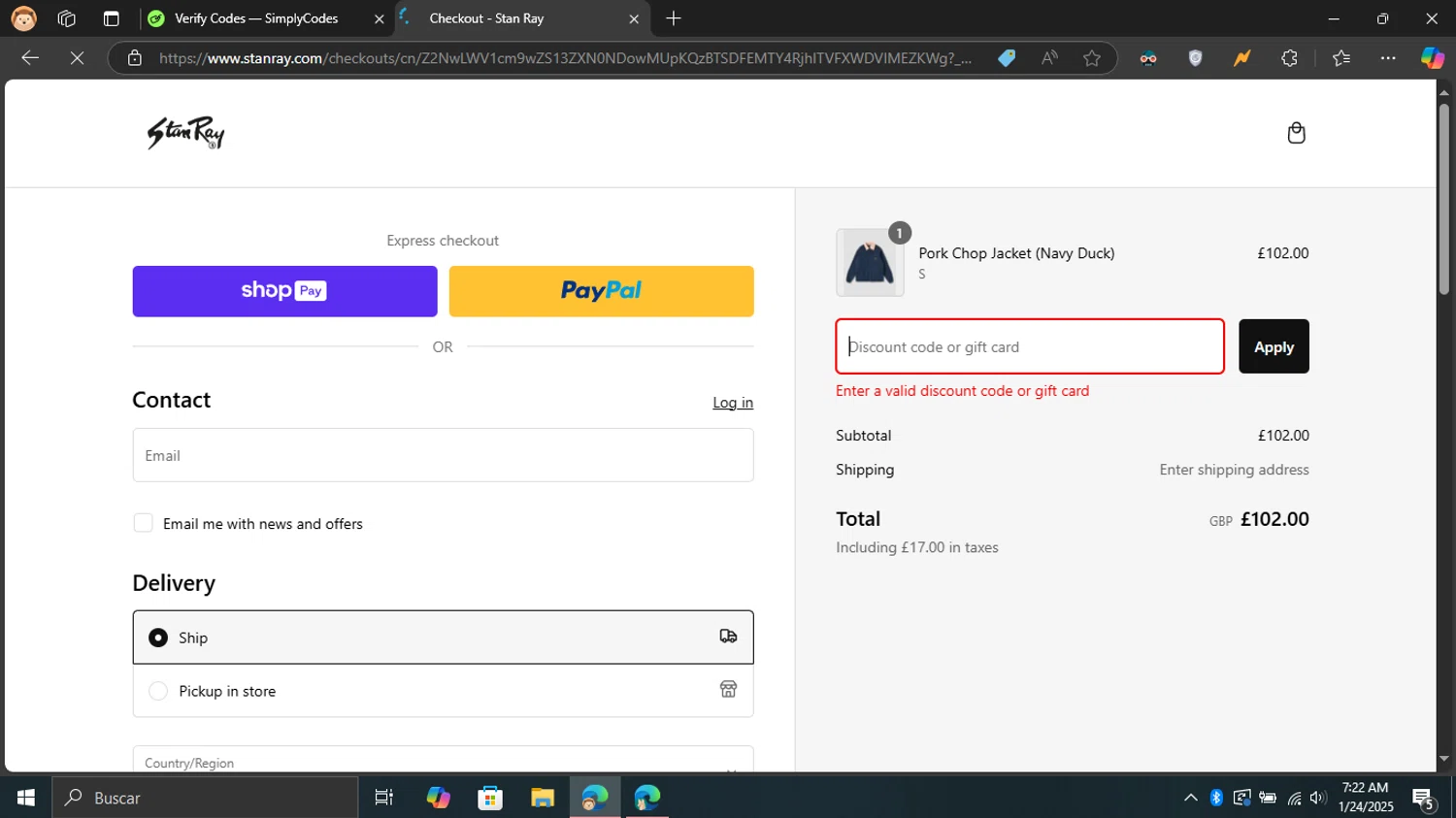 Stan Ray discount code screenshot showing code BESTBYLEO applied at Stan Ray checkout page. Uploaded by SimplyCodes community member Blackleg_Sanji on Jan 24, 2025