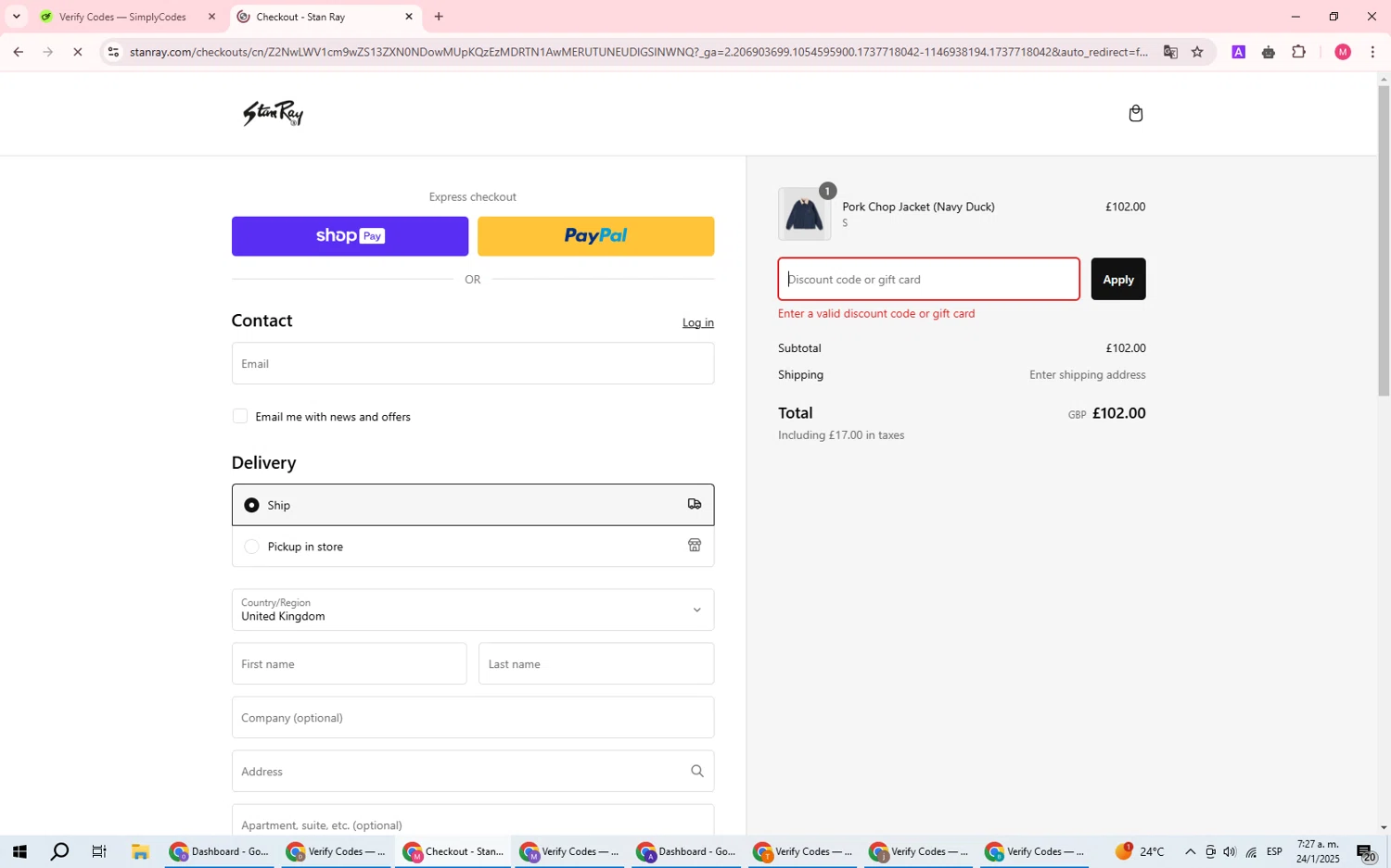 Stan Ray discount code screenshot showing code BESTBYLEO applied at Stan Ray checkout page. Uploaded by SimplyCodes community member DealWizard5321 on Jan 24, 2025