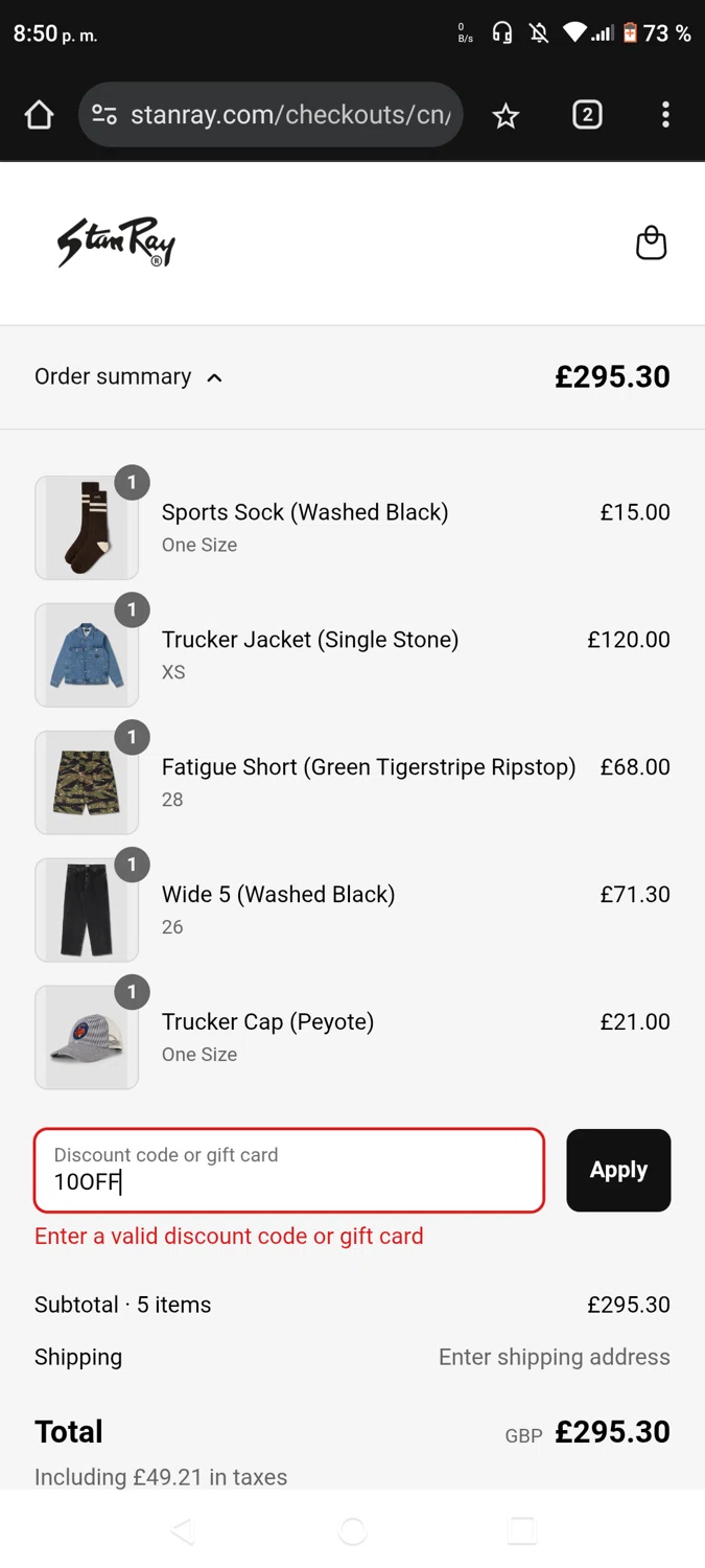 Stan Ray discount code screenshot showing code 10OFF applied at Stan Ray checkout page. Uploaded by SimplyCodes community member CouponWhiz2217 on Jun 30, 2025