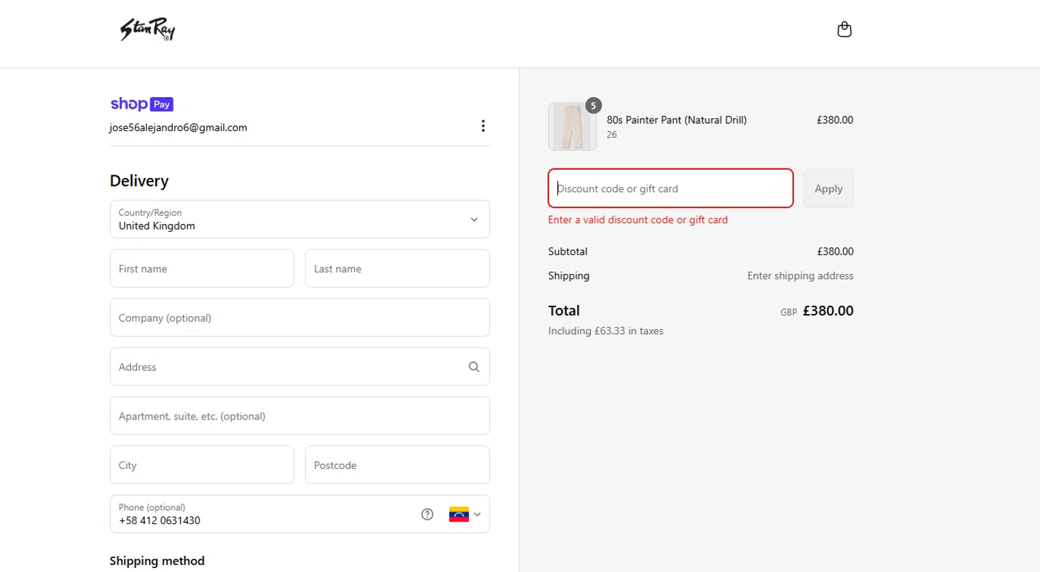 Stan Ray discount code screenshot showing code 10OFF applied at Stan Ray checkout page. Uploaded by SimplyCodes community member Culebraparada on Jun 30, 2025