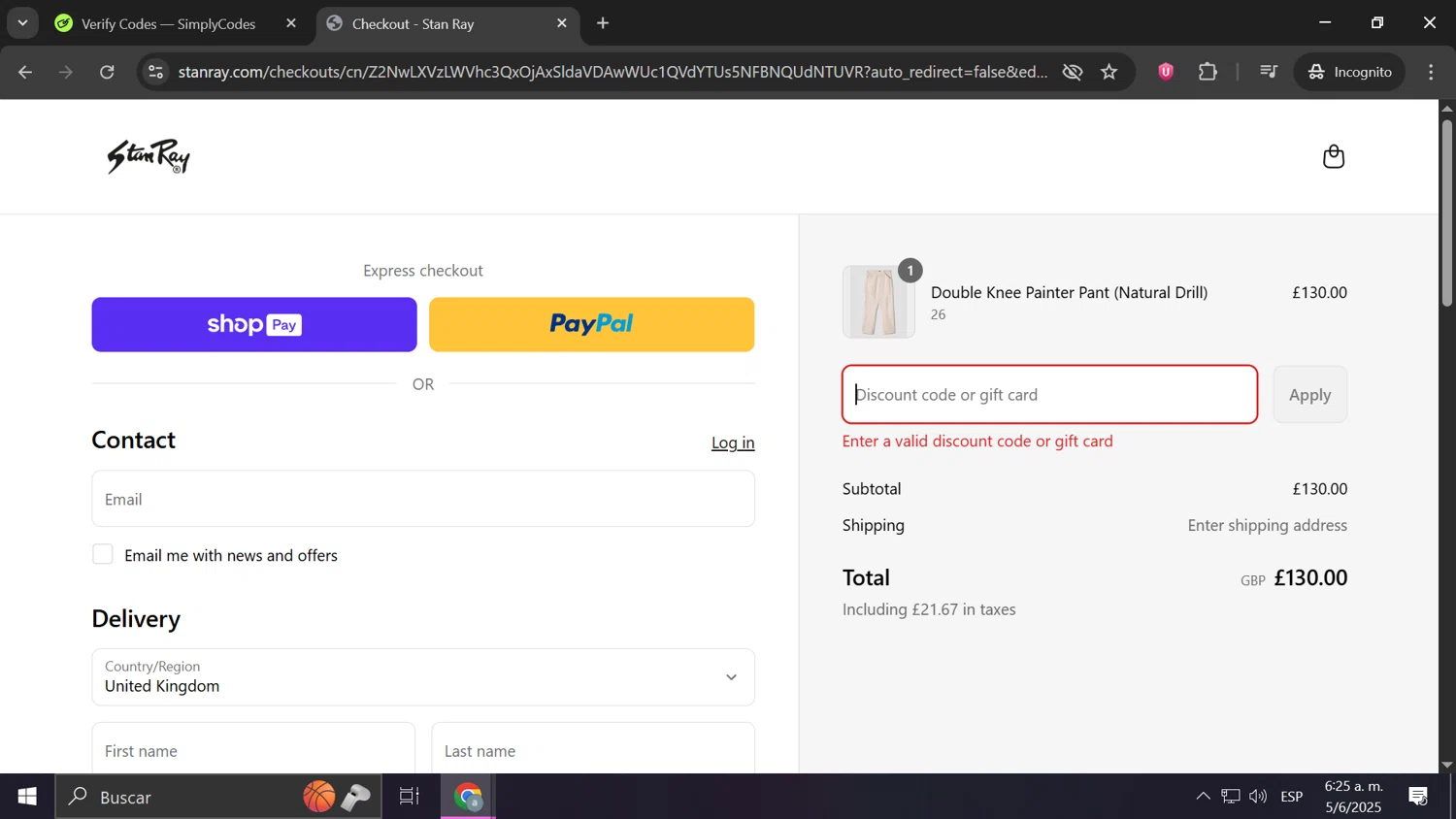Stan Ray discount code screenshot showing code Welcome25 applied at Stan Ray checkout page. Uploaded by SimplyCodes community member Frizk_1 on Jun 5, 2025