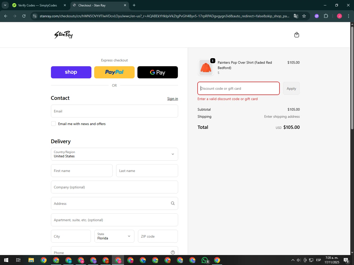 Stan Ray discount code screenshot showing code BFCM30 applied at Stan Ray checkout page. Uploaded by SimplyCodes community member CleverShopper2101 on Nov 17, 2025