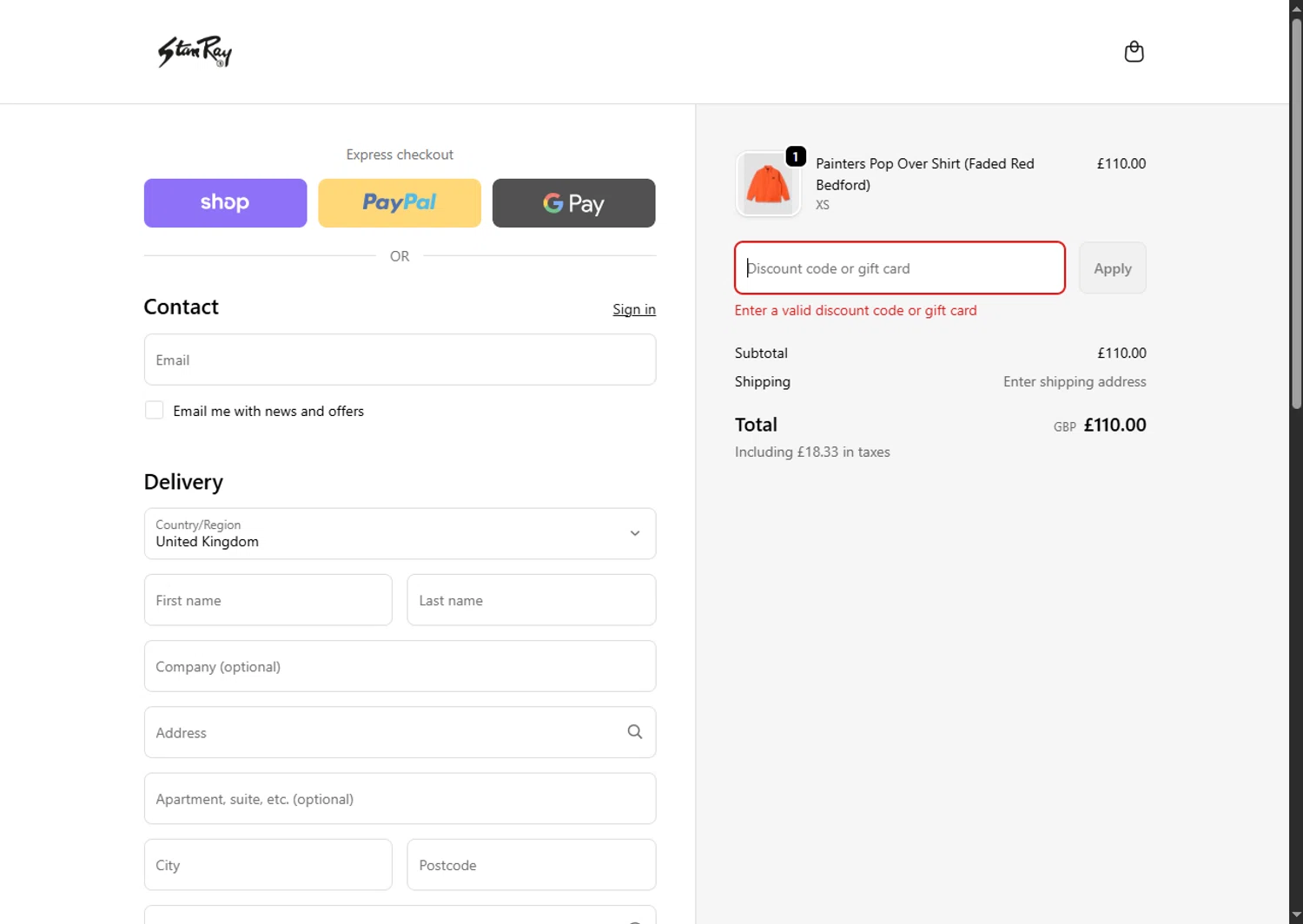 Stan Ray discount code screenshot showing code BFCM30 applied at Stan Ray checkout page. Uploaded by SimplyCodes community member GoldPhoenix3793 on Nov 17, 2025